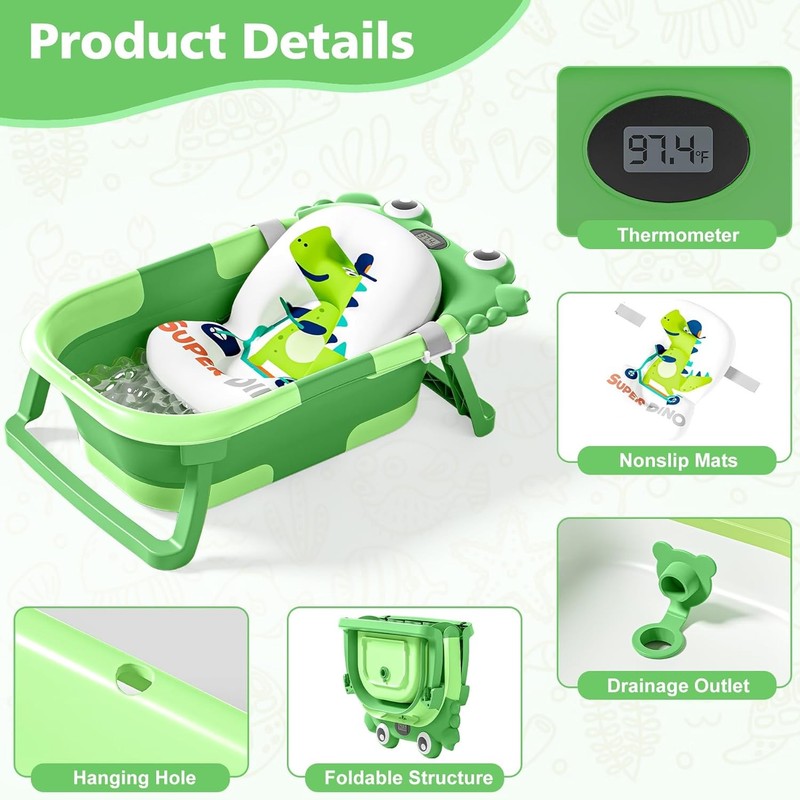 Collapsible Baby Bathtub with Thermometer Soft Cushion Foldable 0 36M DarkGreen1