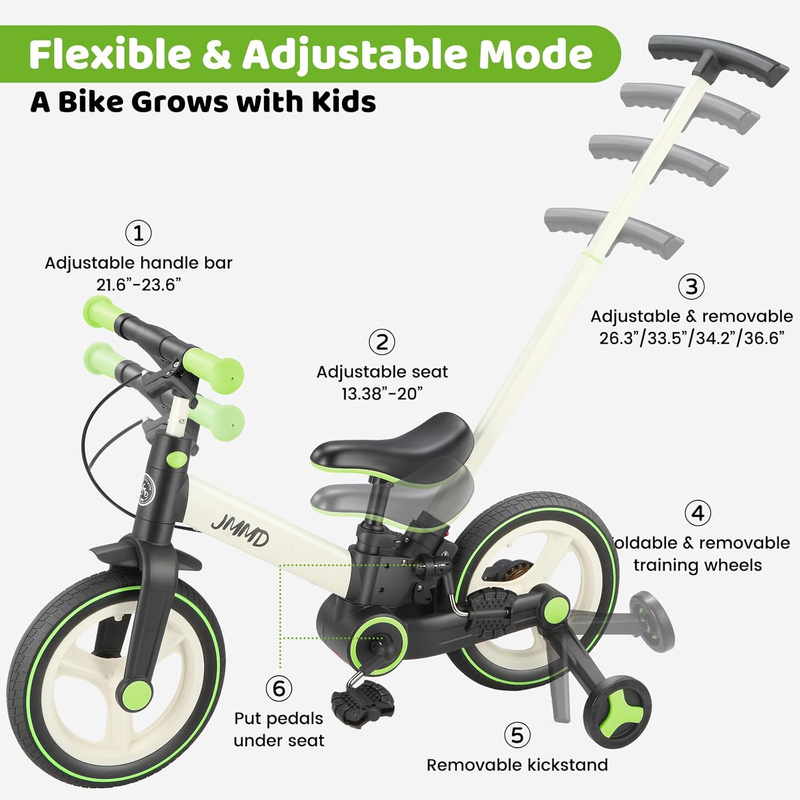 6-in-1 Toddler Bike 12" Balance Bike Push Handle Training Wheels Kids4