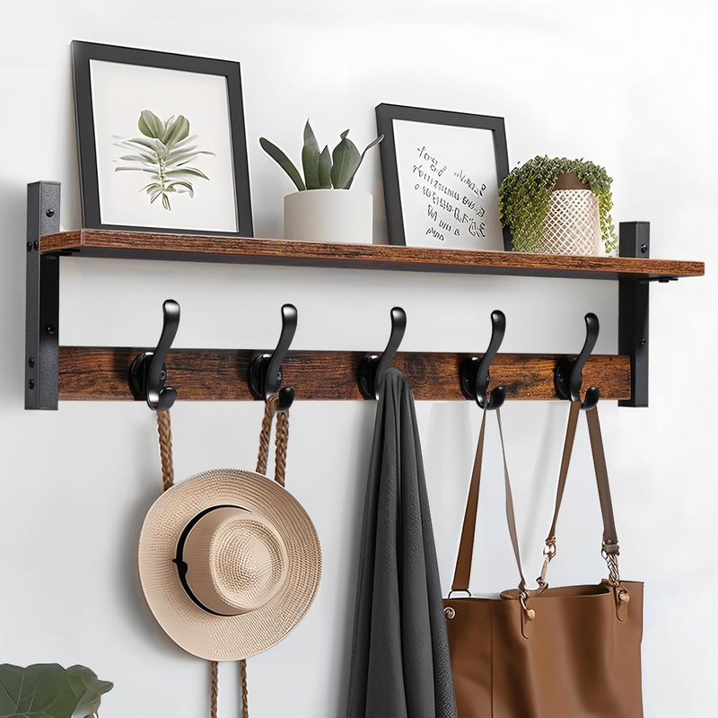29" Coat Rack Wall Mount with Shelf, Rustic Black0
