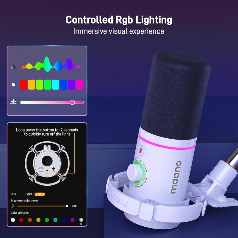 Dynamic RGB Microphone Kit XLR/USB with Boom Arm Mute Gain Control White6