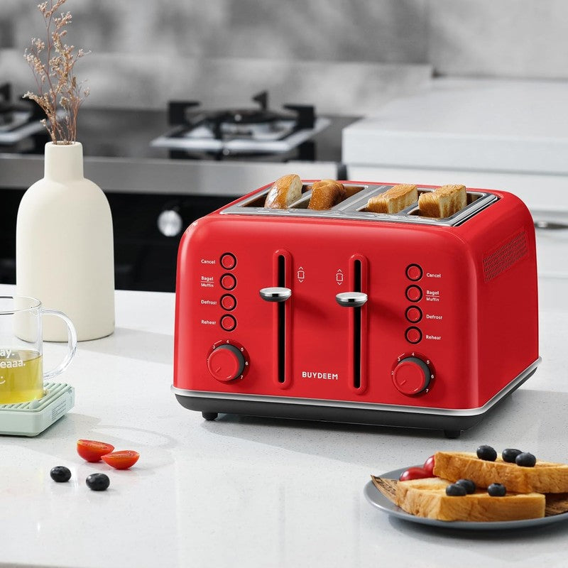Retro 4 Slice Toaster 1800W Extra Wide Slots 7 Shade Bagel Muffin Stainless Red7
