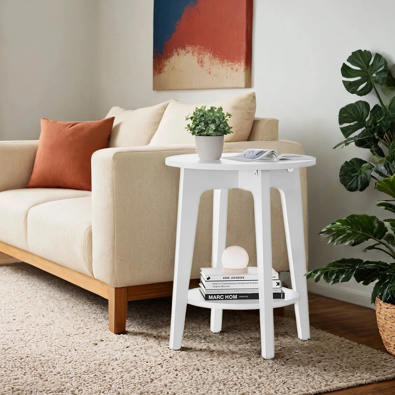 Round Modern 2 Tier End Table Side Table for Living Room Bedroom White3