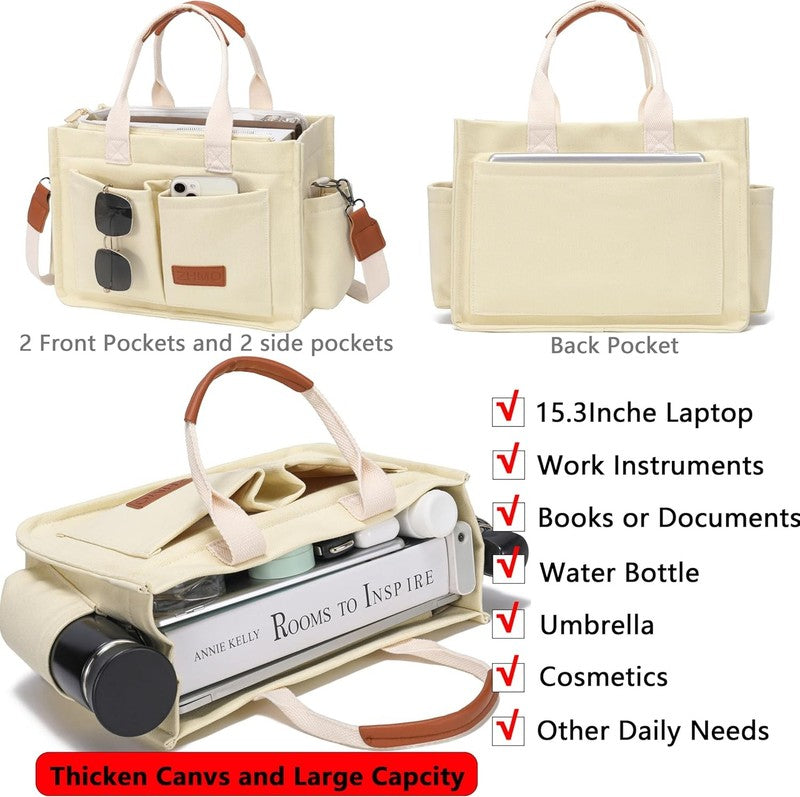 Women’s Canvas Tote Bag w/ Compartments Large Shoulder Crossbody Work Laptop1