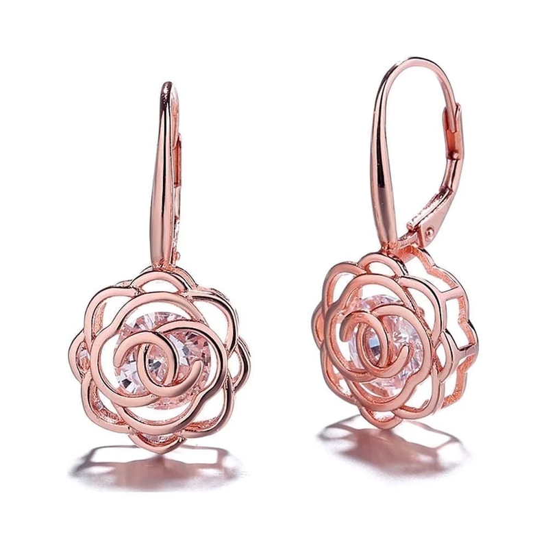 14K Rose Gold Plated Caged with Crystals Rose Lever Back Earrings10