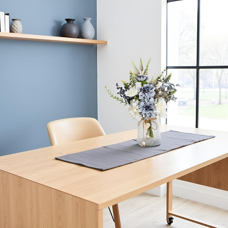 Artificial Dahlia Flowers Blue White with Vase Eucalyptus Table Centerpiece3