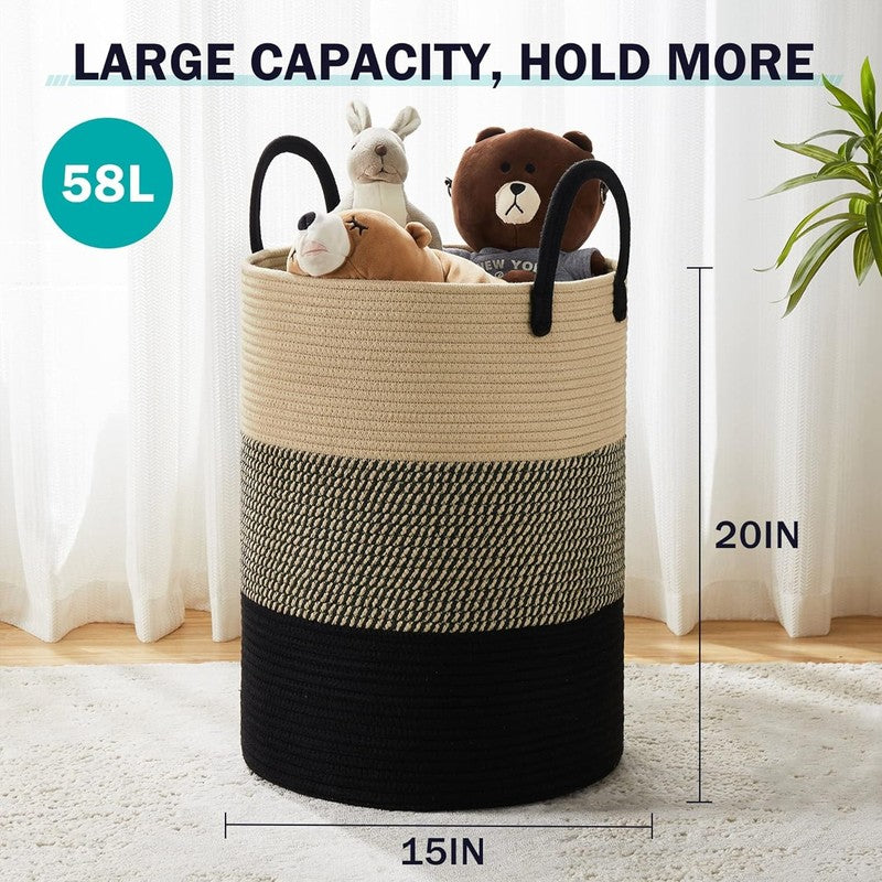 58L Woven Rope Laundry Hamper Basket, Tall Clothes Bin for Bedroom & Nursery1