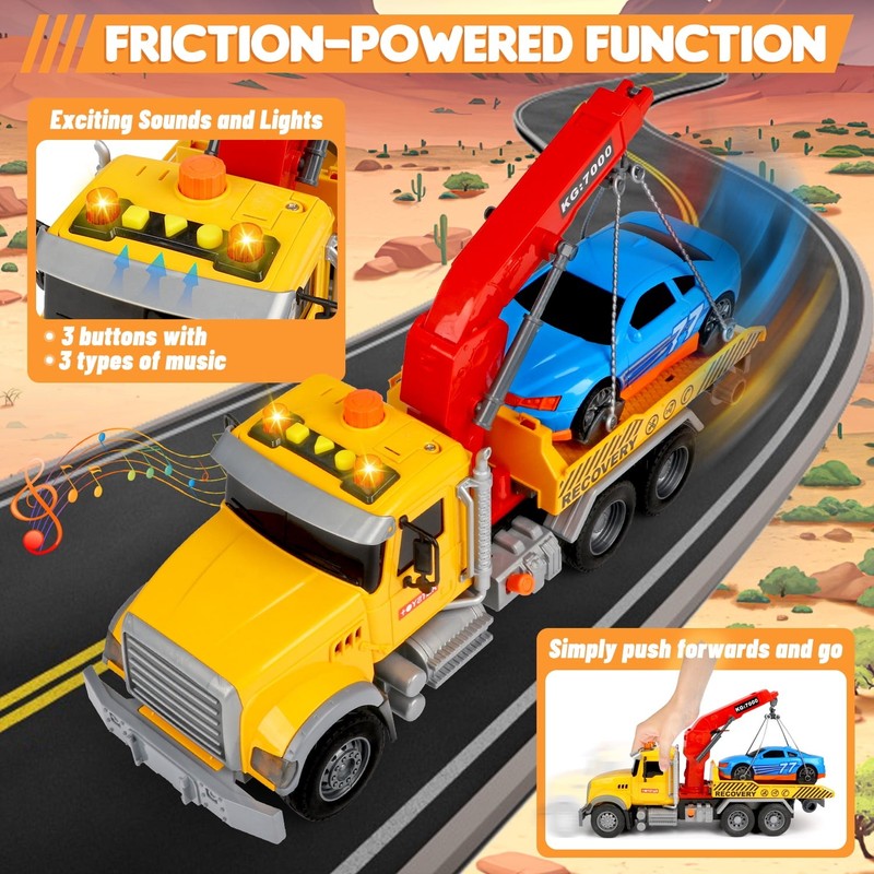 Kids Tow Truck Toys, 15" Large Toddler Car Toys, Transport Truck Crane with Road3