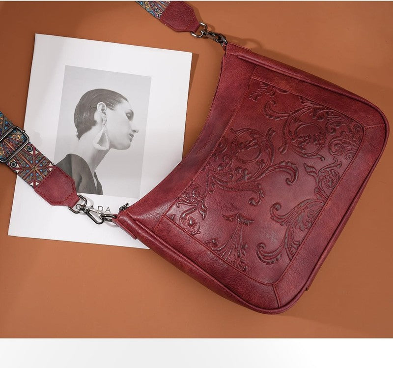 Women Crossbody Bag Vegan Leather Embossed Flower Multi Pocket Strap Hobo Bag2