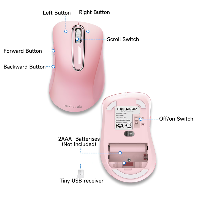2.4GHz Wireless Mouse 1200 DPI 5 Button USB Receiver for PC Laptop Pink1
