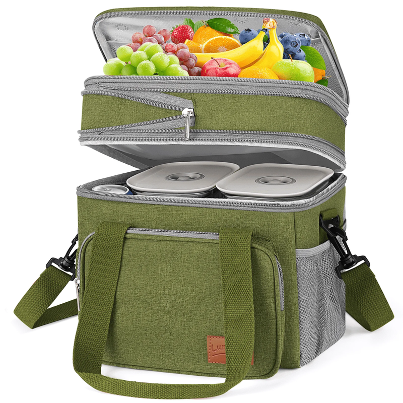 17L Insulated Lunch Bag Expandable Double Deck Cooler Tote Leakproof Work Green10