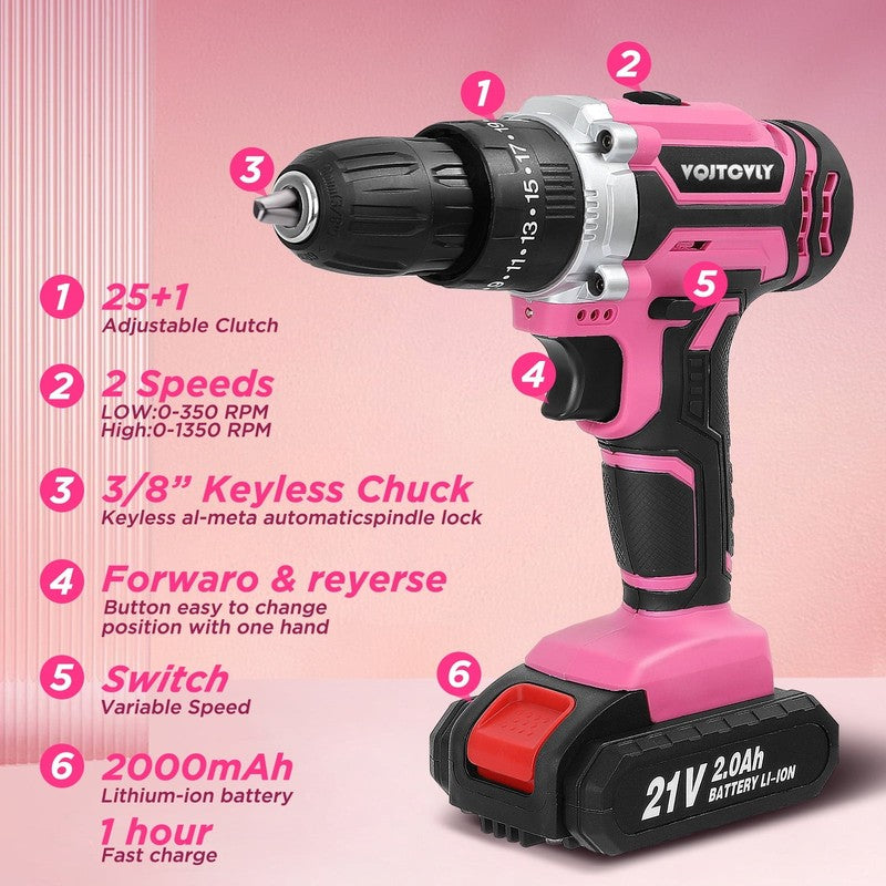 21V Cordless Drill Set 2Ah Battery 25+1 Torque 2-Speed Keyless Chuck Pink2