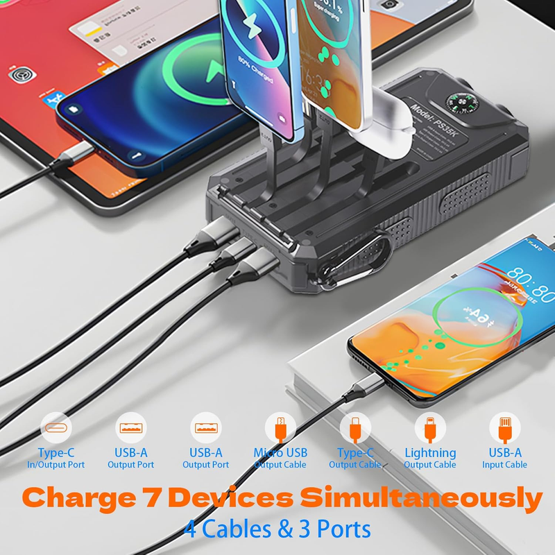 20000mAh Solar Power Bank 4 Cables USB-C Waterproof Dual Flashlight Camping1