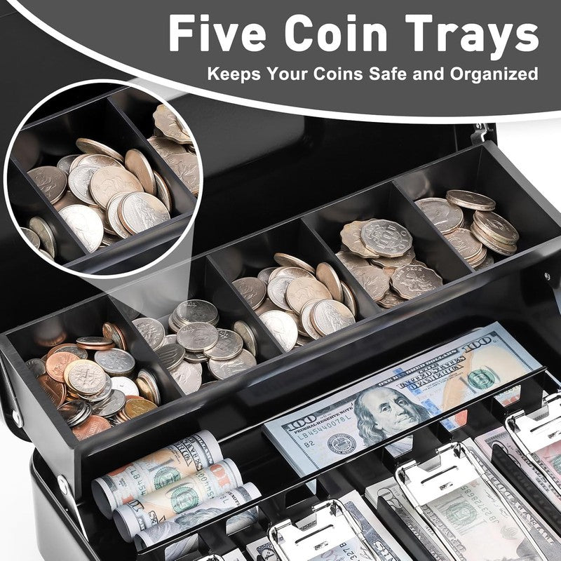 XL Locking Cash Box with Key - Secure Money Organizer & Cash Tray, Black2