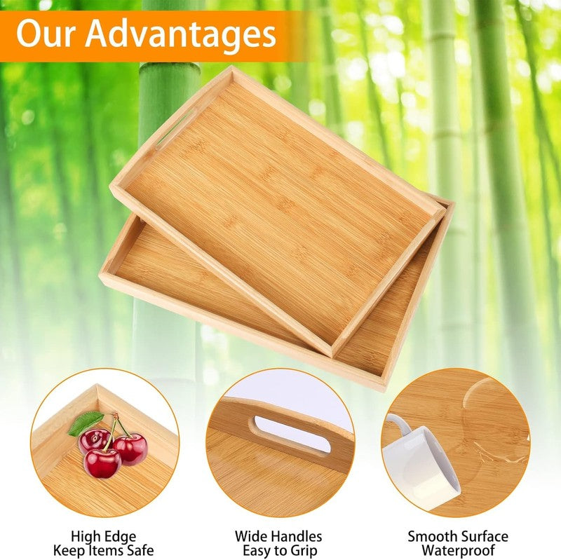 2 Pack Bamboo Serving Tray with Handles, Portable Bed Tray for Breakfast Dinner,4
