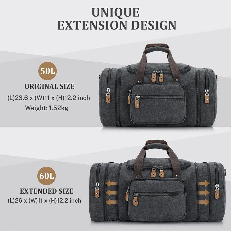 60L Expandable Canvas Duffle Bag Dark Gray Travel Weekender Carry On2