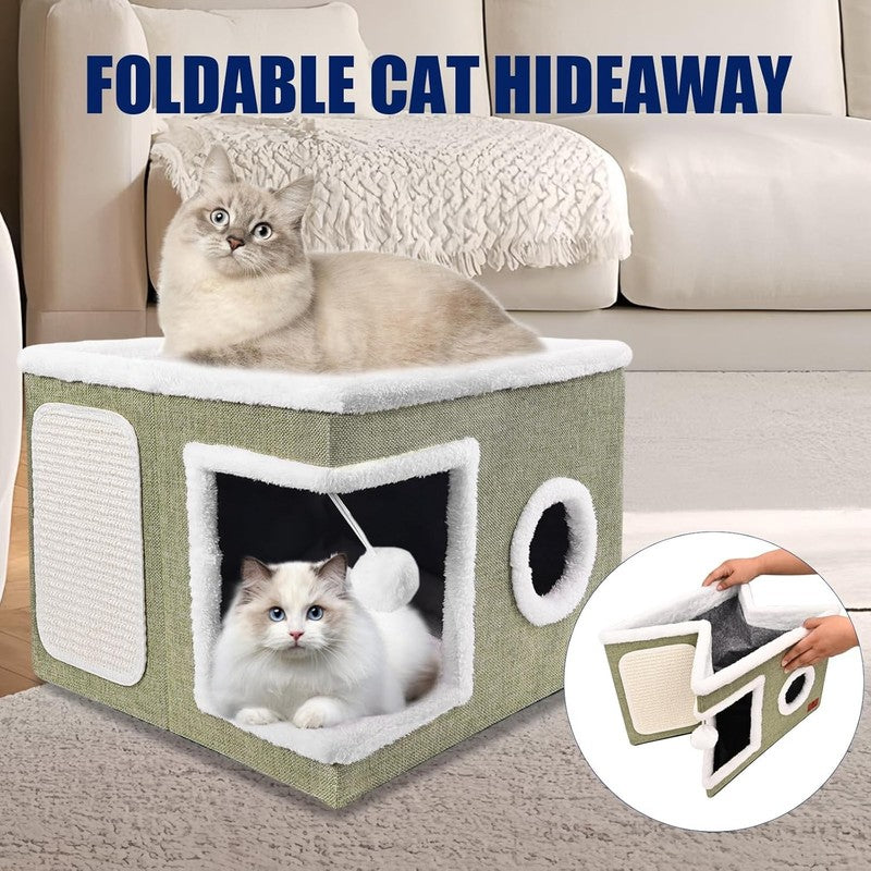 Cat Cave Bed for Indoor Cats – Foldable Cat House with Scratch Pad Green4