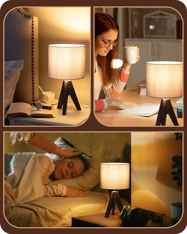 Boho Small Table Lamp Wooden Tripod Bedside Lamp Grey Linen Shade E26 14.2in5