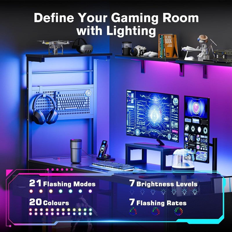 55" Gaming Desk w/ Adjustable Storage Rack, LED Lights & Power Outlets4