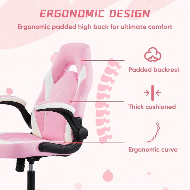 Big & Tall Gaming Office Chair PU Leather Swivel Flip Up Arms Lumbar Pink3