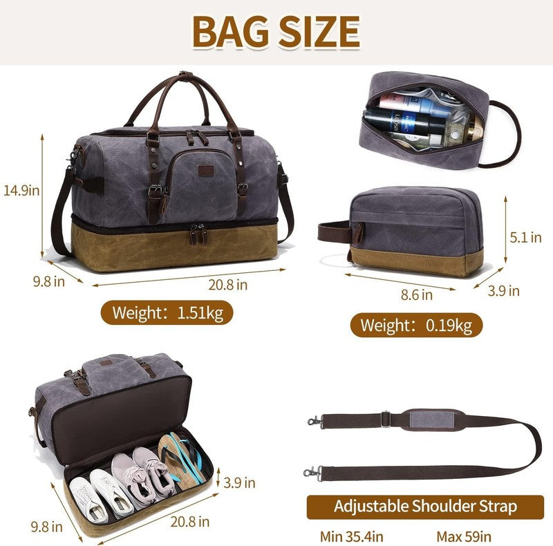 Nerlion Weekender Duffle Bag Gray Canvas Leather Carry On w/ Shoe Compartment5