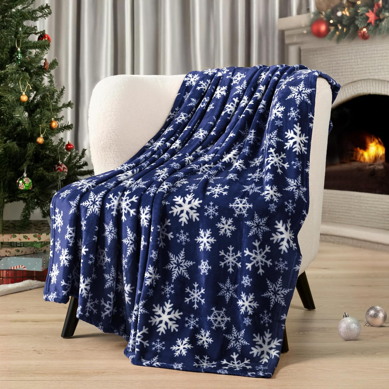 Christmas Throw Blanket Navy White Snowflake Fleece Soft Warm Plush 50"x60"9