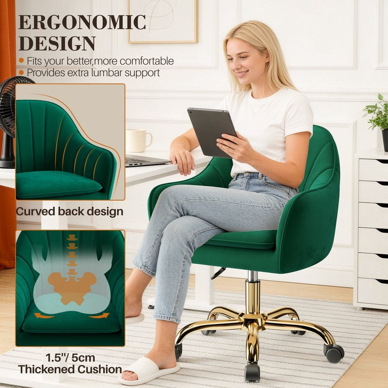 Office Desk Chair with Padded, Velvet Vanity Chair with Back and Wheels, Comfy H2