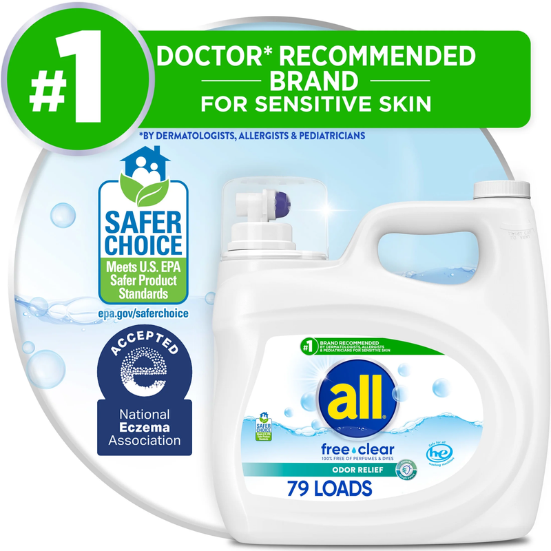 Free Clear Liquid Laundry Detergent, Odor Relief, 118 Oz, 79 Loads0