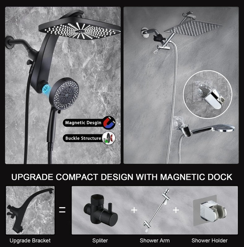 12" Rain Shower Head Combo w/ Handheld High Pressure Magnetic Dock Black4