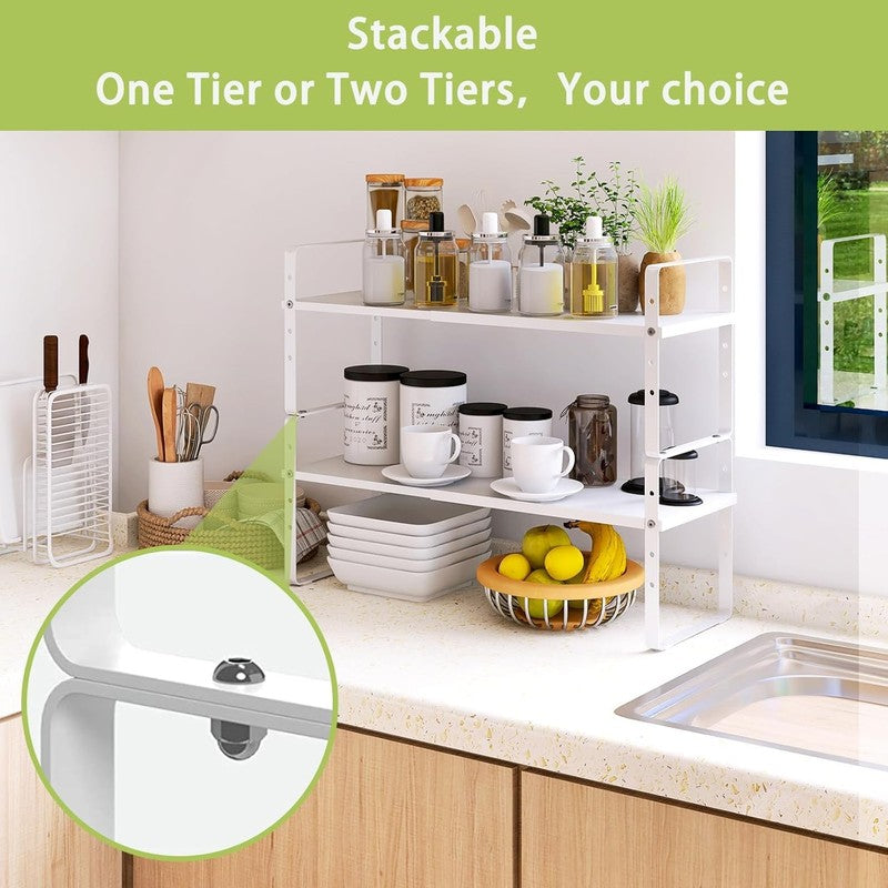 Expandable Cabinet Shelf Organizer 2 Pack Stackable Kitchen Rack White3