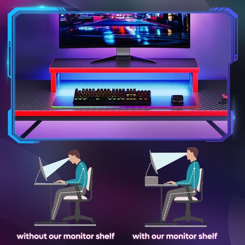 42" Gaming Desk PC Table w/ LED Lights & Monitor Stand Red3