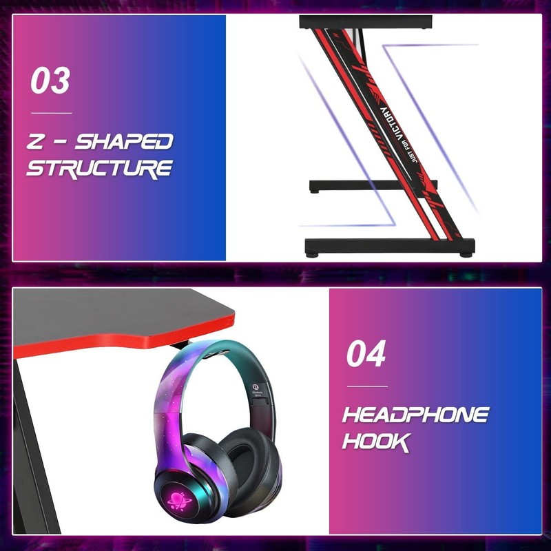 47" Z Shaped Ergonomic Gaming Desk w/ Headphone Hook Red for Adults3