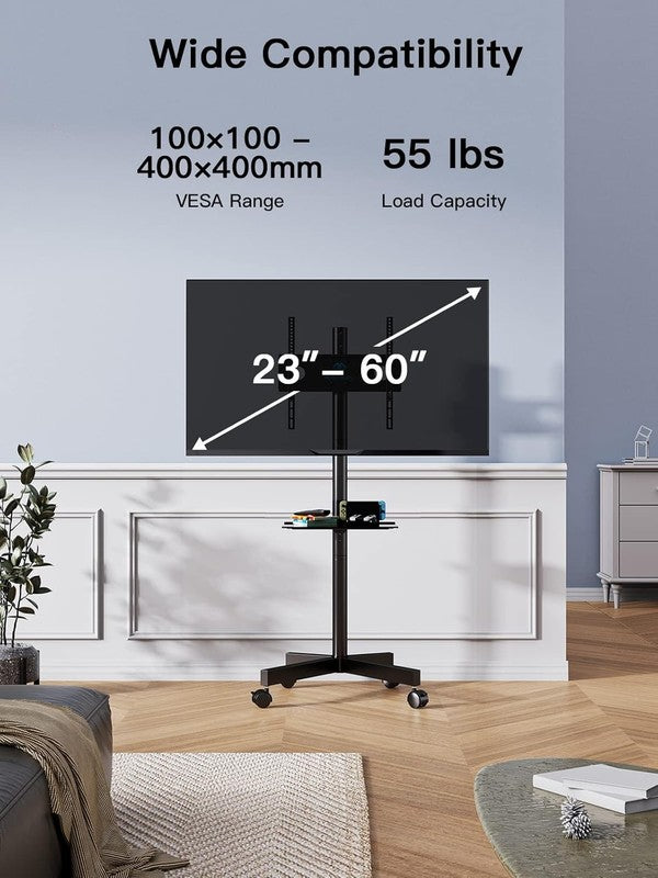 Rolling TV Stand with Wheels for 23–60" TVs, Mobile Cart with Shelf, 55 lbs6