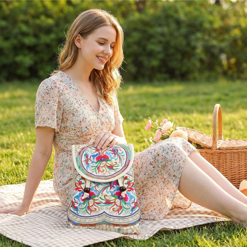 Women Embroidered Backpack Boho Floral Mini Travel Shoulder Bag Beige Red6