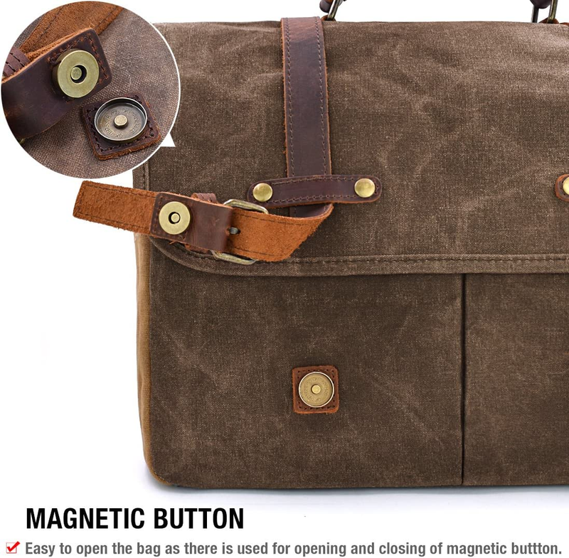 Mens Messenger Bag 15.6 Inch Waterproof Vintage Genuine Leather Waxed Canvas Bri7