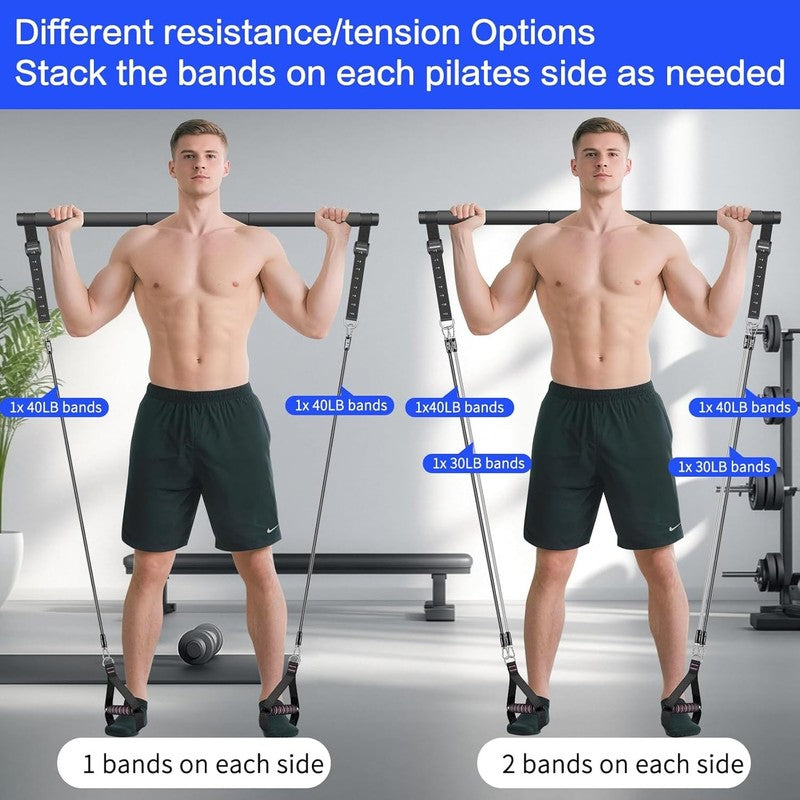 Pilates Bar Kit w/ Stackable Resistance Bands Full Body Home Gym Workout1