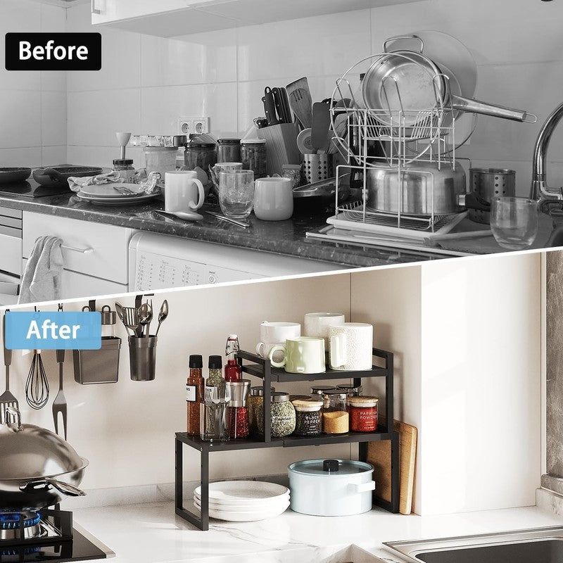 2 Pack Expandable Kitchen Cabinet Shelves Heavy Duty Stackable Adjustable Rack7