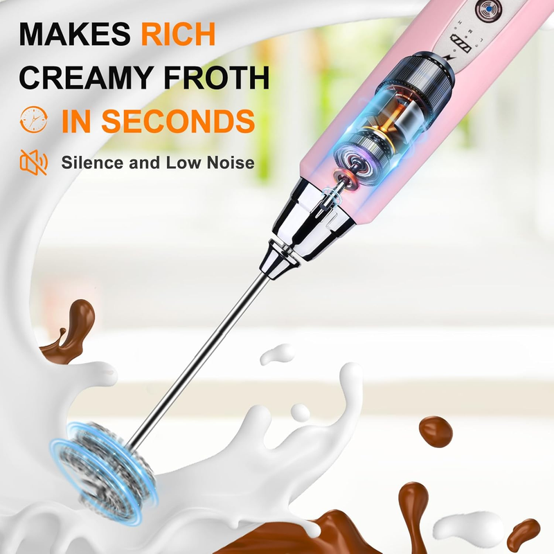 Milk Frother Handheld USB Rechargeable 3 Speed 3 Heads Coffee Whisk Pink5