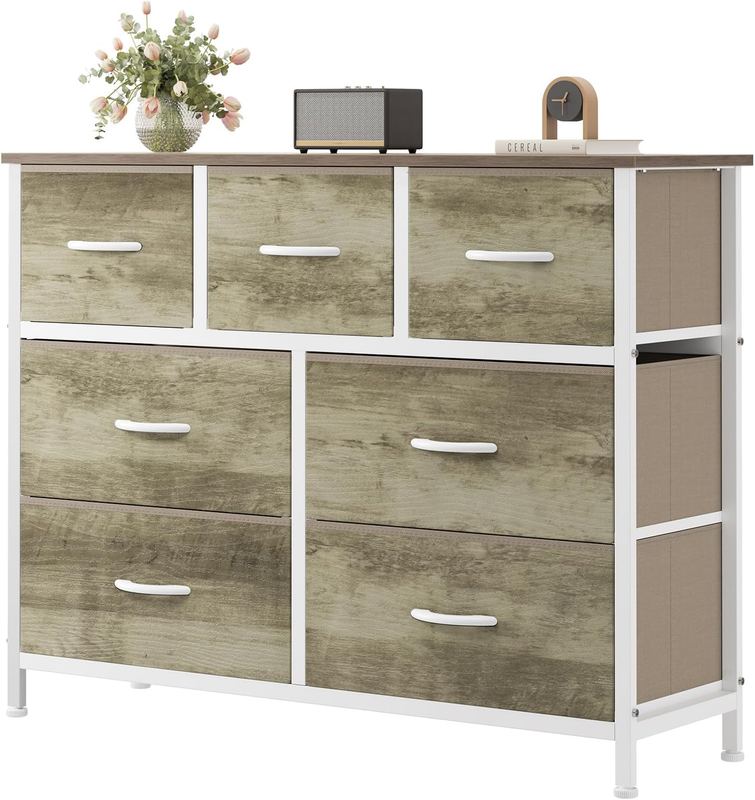 7 Drawer Fabric Dresser Storage Tower Steel Frame Wood Top Greige Oak11