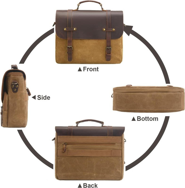 Mens Waxed Canvas Messenger Bag 16 Laptop Briefcase Leather Waterproof Satchel2