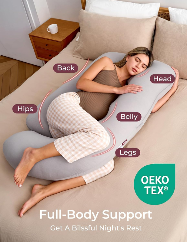 57in U Shaped Pregnancy Pillow Full Body Maternity Jersey Cotton Gray1