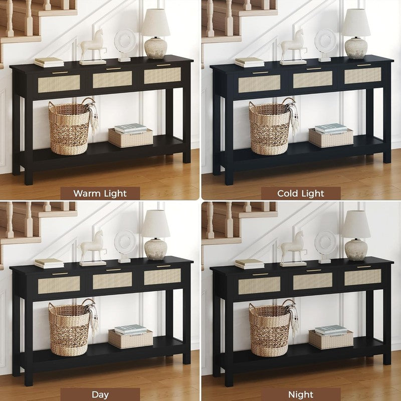 47'' Black Entryway Console Table 3 Rattan Drawers Open Shelf Sofa Table10