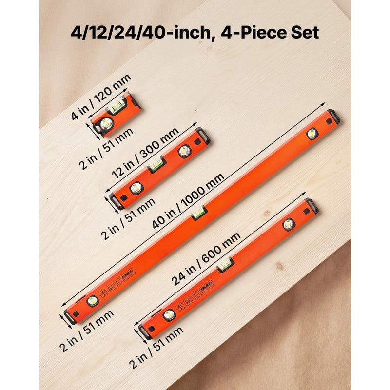 4Pc Magnetic Torpedo Level Set 4/12/24/40in Aluminum Box Beam Green Vials1