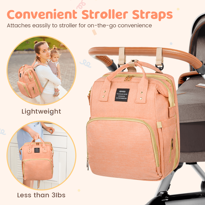 Diaper Bag Backpack w/ Crib, USB, Bottle Holders – Pink Travel Nappy Bag4