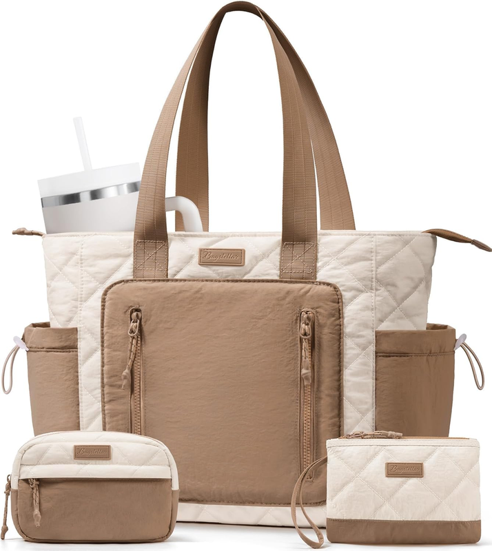 Women’s Puffer Tote Bag Lightweight Quilted Shoulder Handbag Work Laptop Khaki0