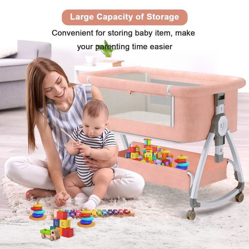 4 in 1 Baby Bassinet Pink Bedside Crib w/ Storage, Wheels & Changing Table7
