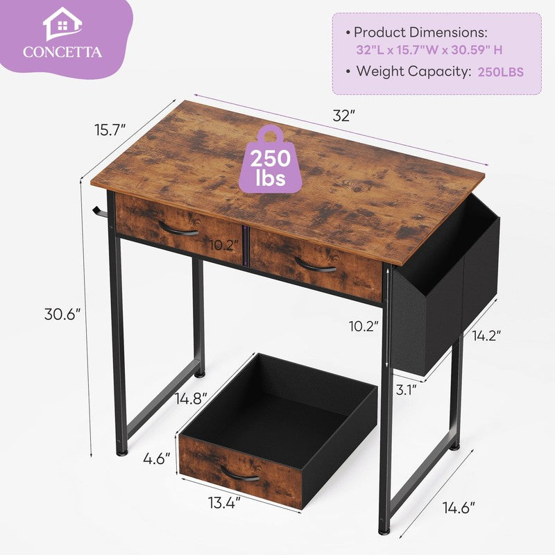 32" Small Desk w/ Fabric Drawers Vanity/Storage Desk for Bedroom Rust Brown2