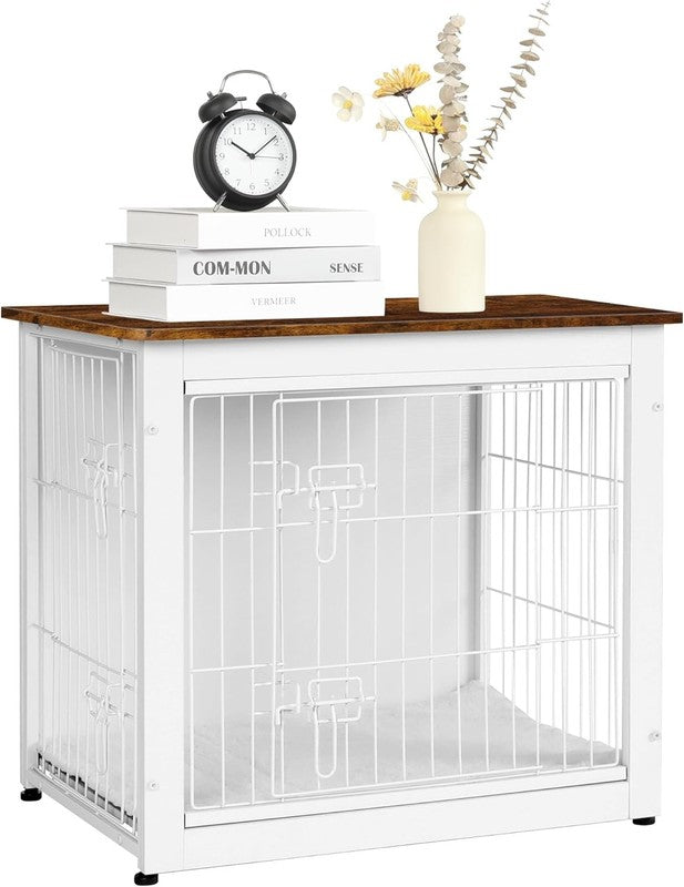 Dog Crate Furniture Table w/Cushion Wooden Kennel Double Door 27.2" White/Brown8