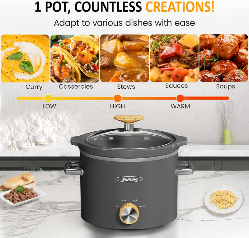 2Qt Slow Cooker Small Removable Ceramic 3-Setting Grey Food Warmer3