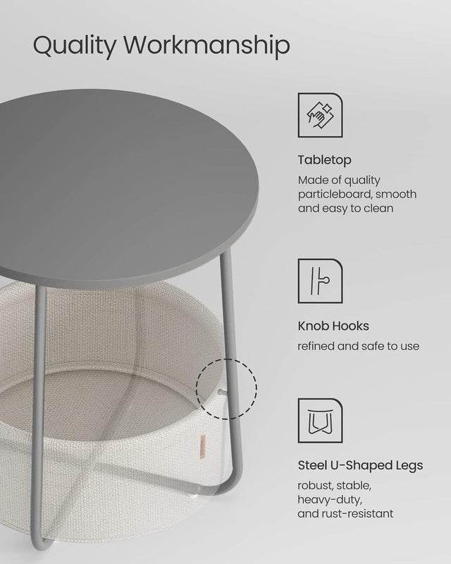 Modern Round Side Table Nightstand with Fabric Basket Cement Gray Cream4