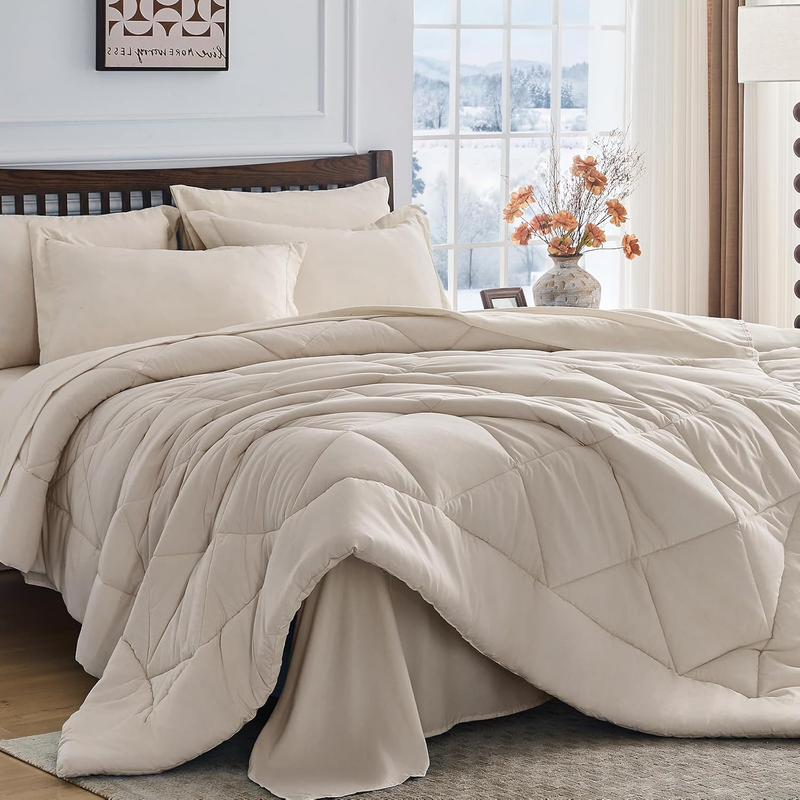 Beige Tan Queen Comforter Set 7 Piece Bed in Bag Ultra Soft Shams Set Beige Tan10